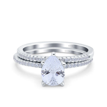 Two Piece Art Deco Pear Engagement Bridal Ring Band Simulated Cubic Zirconia 925 Sterling Silver